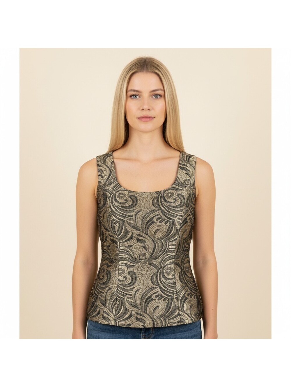 Kasper Top Women 10P Petite Beige Geometric Sleeveless Wide Strap Round Neck